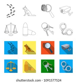 Scales of justice, cartridges, a bunch of keys, handcuffs.Prison set collection icons in outline,flat style vector symbol stock illustration web.