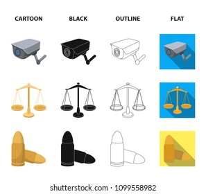 Scales of justice, cartridges, a bunch of keys, handcuffs.Prison set collection icons in cartoon,black,outline,flat style vector symbol stock illustration web.