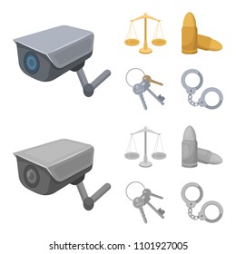 Scales of justice, cartridges, a bunch of keys, handcuffs.Prison set collection icons in cartoon,monochrome style vector symbol stock illustration web.
