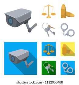 Scales of justice, cartridges, a bunch of keys, handcuffs.Prison set collection icons in cartoon,flat style vector symbol stock illustration web.