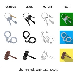 Scales of justice, cartridges, a bunch of keys, handcuffs.Prison set collection icons in cartoon,black,outline,flat style vector symbol stock illustration web.
