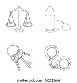 Scales of justice, cartridges, a bunch of keys, handcuffs.Prison set collection icons in outline style vector symbol stock illustration web.