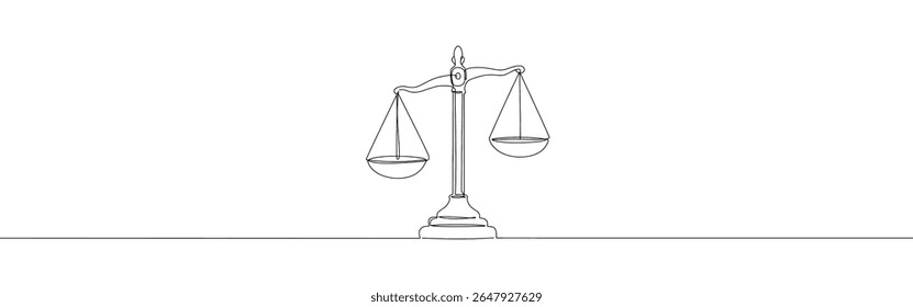 Escalas de justiça contínua um desenho de linha. Escala vintage, equilíbrio, libra. Ilustração vetorial.