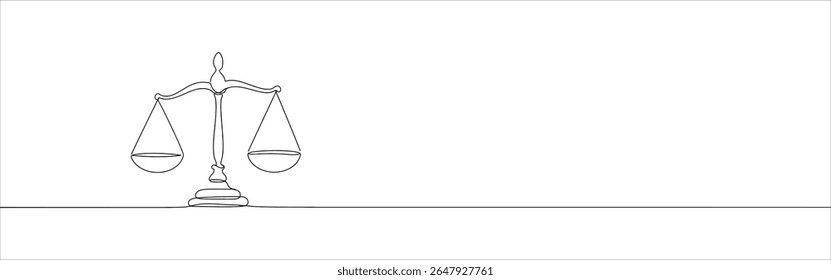 Escalas de justiça contínua um desenho de linha. Escala vintage, equilíbrio, libra. Ilustração vetorial.