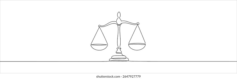 Escalas de justiça contínua um desenho de linha. Escala vintage, equilíbrio, libra. Ilustração vetorial.