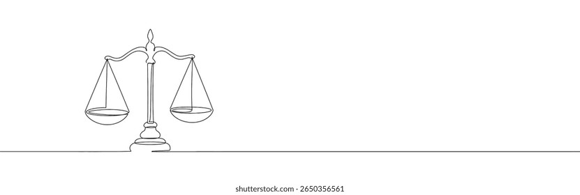 Escalas de justiça contínua um desenho de linha. Escala vintage, equilíbrio, libra. Ilustração vetorial.