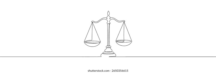 Escalas de justiça contínua um desenho de linha. Escala vintage, equilíbrio, libra. Ilustração vetorial.