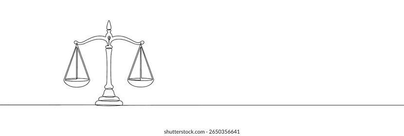 Scales of justice continuous one line drawing. Vintage scale, equilibrium, libra. Vector illustration.