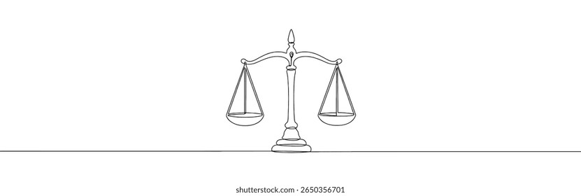 Escalas de justiça contínua um desenho de linha. Escala vintage, equilíbrio, libra. Ilustração vetorial.