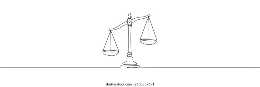 Escalas de justiça contínua um desenho de linha. Escala vintage, equilíbrio, libra. Ilustração vetorial.