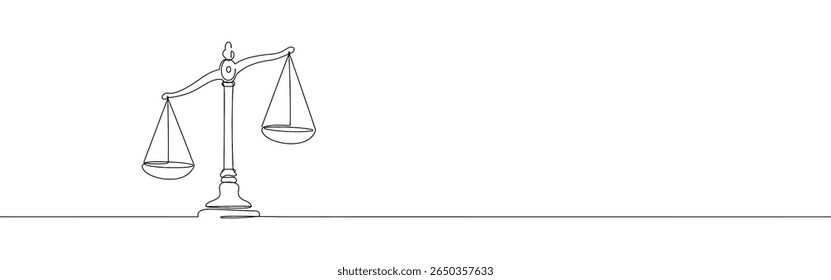Escalas de justiça contínua um desenho de linha. Escala vintage, equilíbrio, libra. Ilustração vetorial.