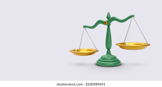 Scales of Justice with Elegant Green and Gold Color Scheme, 3D Icon Symbolizing Law, Fairness, and Legal Balance. Vector Illustration