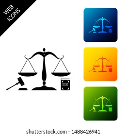 Scales of justice, gavel and book icon isolated on white background. Symbol of law and justice. Concept law. Legal law and auction symbol. Set icons colorful square buttons. Vector Illustration