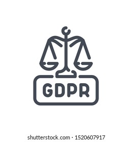 Scales of justice with GDPR law line icon. Network protection vector outline sign.