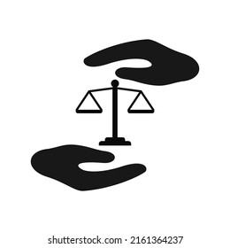 Scales of justice in hand silhouette icon, legal law vector cut silhouette for social media.