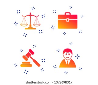 Scales of Justice icon. Client or Lawyer symbol. Auction hammer sign. Law judge gavel. Court of law. Random dynamic shapes. Gradient auction icon. Vector