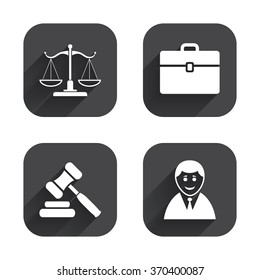 Scales of Justice icon. Client or Lawyer symbol. Auction hammer sign. Law judge gavel. Court of law. Square flat buttons with long shadow.