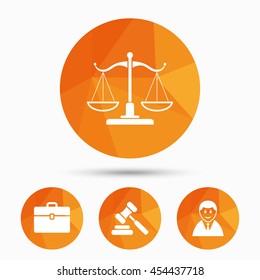 Scales of Justice icon. Client or Lawyer symbol. Auction hammer sign. Law judge gavel. Court of law. Triangular low poly buttons with shadow. Vector