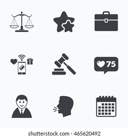 Scales of Justice icon. Client or Lawyer symbol. Auction hammer sign. Law judge gavel. Court of law. Flat talking head, calendar icons. Stars, like counter icons. Vector