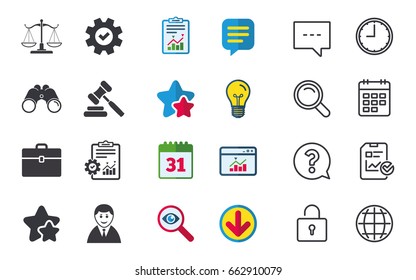 Scales of Justice icon. Client or Lawyer symbol. Auction hammer sign. Law judge gavel. Court of law. Chat, Report and Calendar signs. Stars, Statistics and Download icons. Question, Clock and Globe