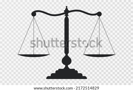 Scales of justice icon. Dark empty scale isolated on transparent background. Bowls of scales in balance, an imbalance of scales. Classic balance icon. Law balance symbol. Vector illustration
