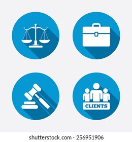 Scales of Justice icon. Group of clients symbol. Auction hammer sign. Law judge gavel. Court of law. Circle concept web buttons. Vector