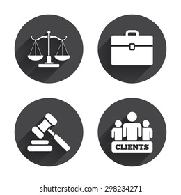 Scales of Justice icon. Group of clients symbol. Auction hammer sign. Law judge gavel. Court of law. Circles buttons with long flat shadow. Vector