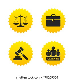 Scales of Justice icon. Group of clients symbol. Auction hammer sign. Law judge gavel. Court of law. Yellow stars labels with flat icons. Vector