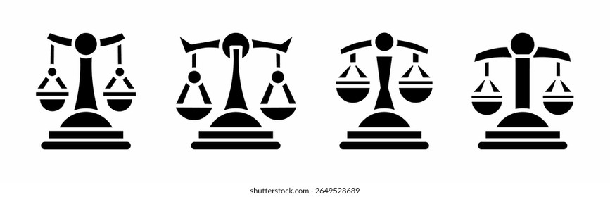 Escalas de ilustração de ícone de justiça. Escalas em preto e branco do conjunto de ícones de justiça. Coleção de vetores de estoque.