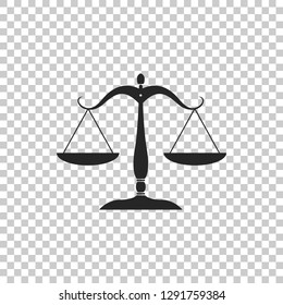 Scales of justice icon isolated on transparent background. Court of law symbol. Balance scale sign. Flat design. Vector Illustration