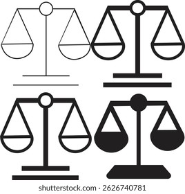 Scales of justice icon set. Vintage scale in balance and equilibrium vectors perfect for law and legal-themed designs. Judgement scale sign. Quality design elements isolated on transparent background.