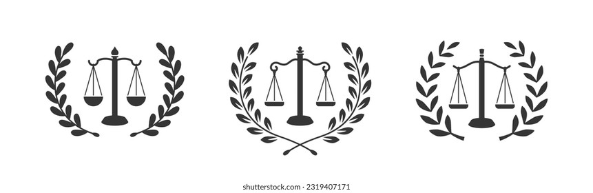 Scales of justice icon vector logo design silhouette with laurel leaves in white background