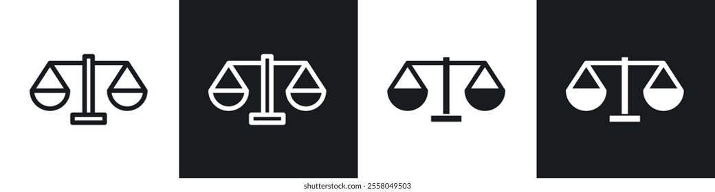 Scales of justice icons pack in black and white filled and outlined versions.