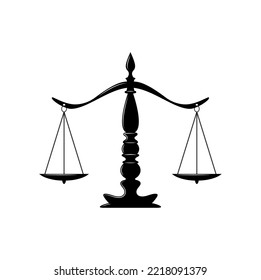 Scales Justice Law Notary Judicial Scale, Law Balance Icon. Vector Dual Balance Themis Scales Of Justice On Decorative Stand, Symbol Of Law And Judgment