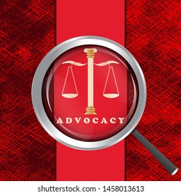 Scales of justice, magnifying glass - red abstract background - vector. Advocacy