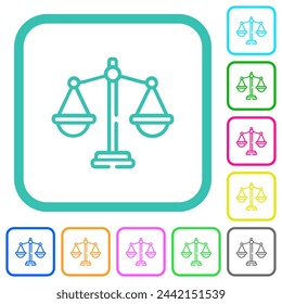 Scales of justice outline vivid colored flat icons in curved borders on white background