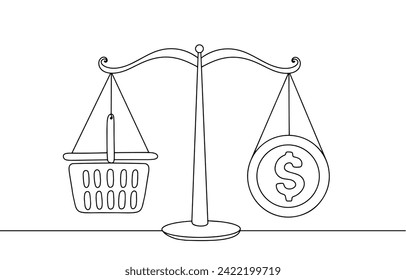 Scales of justice with a shopping basket on one scale and a money symbol on the other. World Consumers Rights Day. Vector. Images produced without the use of any form of AI software at any stage. 