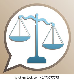 Scales of Justice sign. Bright cerulean icon in white speech balloon at pale taupe background. Illustration.