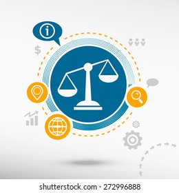 Scales of Justice sign and creative design elements. Flat design concept