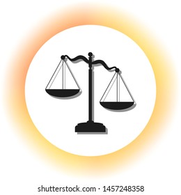 Scales of Justice sign. Dark icon with shadow on the glowing circle button. Illustration.