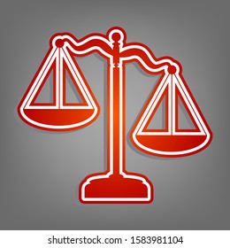 Scales of Justice sign. Flat red icon with linear white icon with gray shadow at grayish background. Illustration.