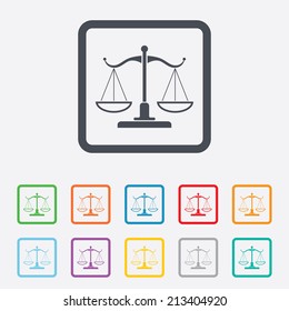 Scales of Justice sign icon. Court of law symbol. Round squares buttons with frame. Vector