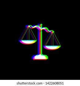 Scales of Justice sign. Red, green and blue unfocused contour icon at black background. Illustration.