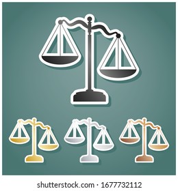 Scales of Justice sign. Set of metallic Icons with gray, gold, silver and bronze gradient with white contour and shadow at viridan background. Illustration.