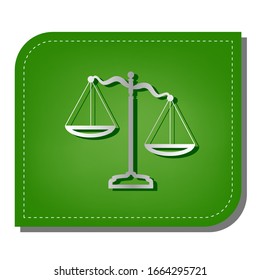 Scales of Justice sign. Silver gradient line icon with dark green shadow at ecological patched green leaf. Illustration.