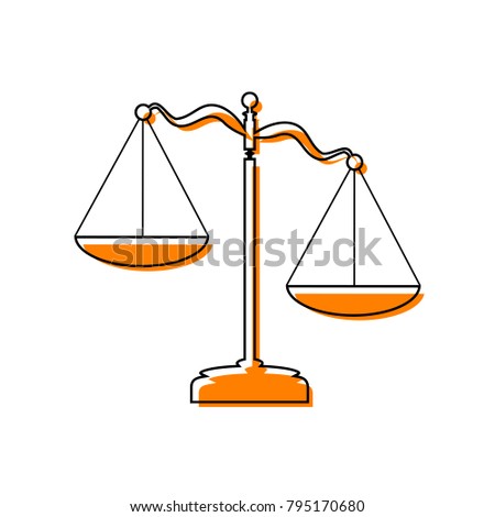 Scales of Justice sign. Vector. Black line icon with shifted flat orange filled icon on white background. Isolated.