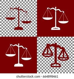 Scales of Justice sign. Vector. Bordo and white icons and line icons on chess board with transparent background.