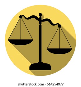 Scales of Justice sign. Vector. Flat black icon with flat shadow on royal yellow circle with white background. Isolated.