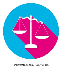 Scales of Justice sign. Vector. Flat white icon with mexican pink shadow inside sky blue(S and G) circle at white background. Isolated. Trend colors in 2017.