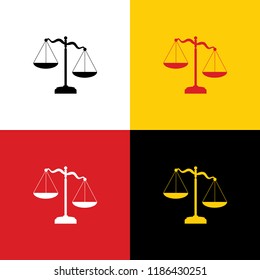 Scales of Justice sign. Vector. Icons of german flag on corresponding colors as background.